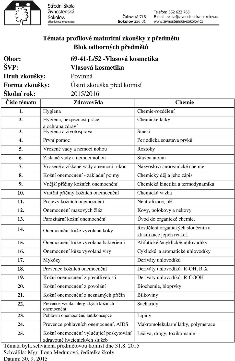 Kožní onemocnění - základní pojmy Chemický děj a jeho zápis 9. Vnější příčiny kožních onemocnění Chemická kinetika a termodynamika 10. Vnitřní příčiny kožních onemocnění Chemická vazba 11.