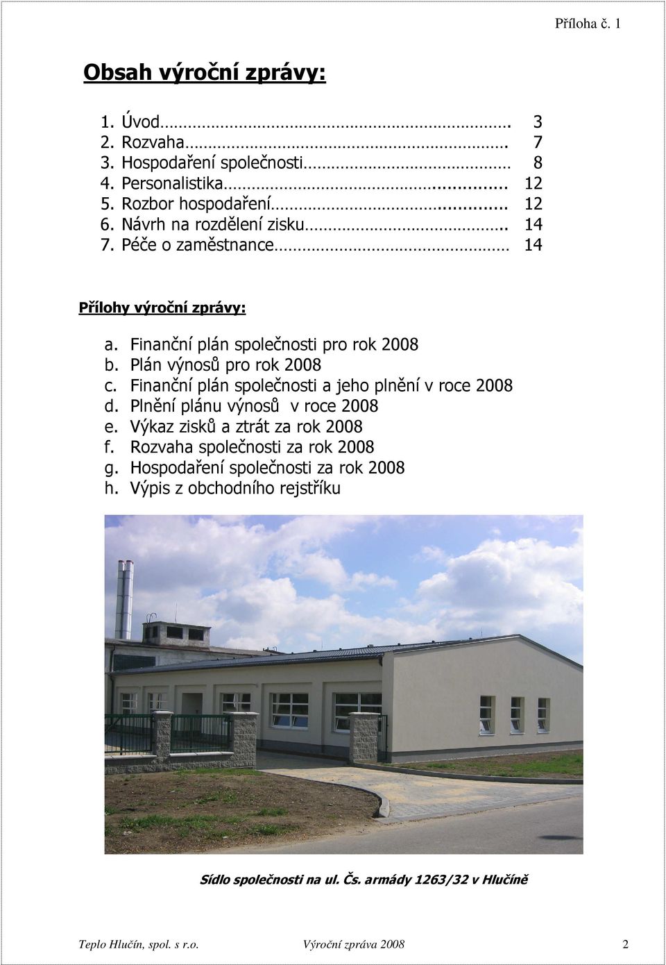Finanční plán společnosti a jeho plnění v roce 2008 d. Plnění plánu výnosů v roce 2008 e. Výkaz zisků a ztrát za rok 2008 f.