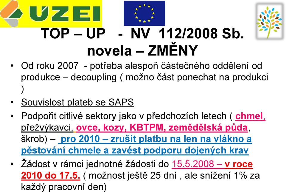 Souvislost plateb se SAPS Podpořit citlivé sektory jako v předchozích letech ( chmel, přežvýkavci, ovce, kozy, KBTPM,