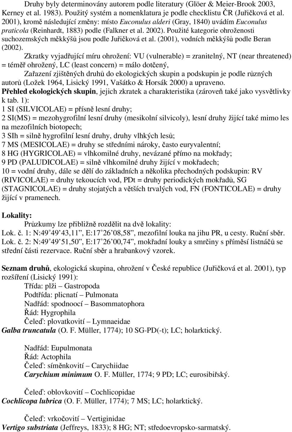 Použité kategorie ohroženosti suchozemských mkkýš jsou podle Juiková et al. (2001), vodních mkkýš podle Beran (2002).