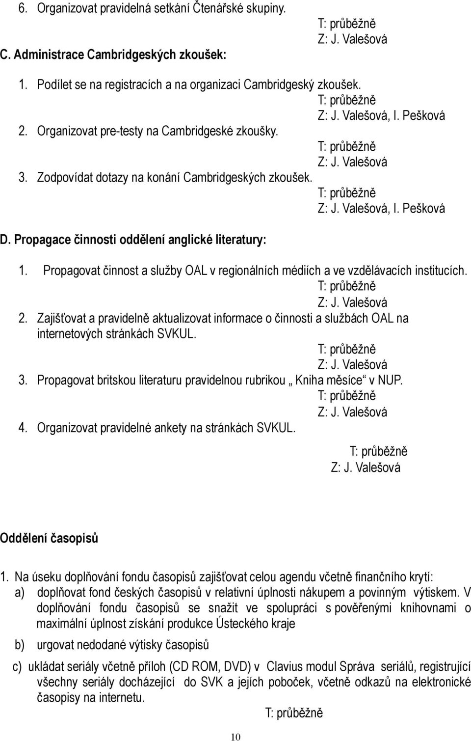 Propagace činnosti oddělení anglické literatury: 1. Propagovat činnost a služby OAL v regionálních médiích a ve vzdělávacích institucích. Z: J. Valešová 2.