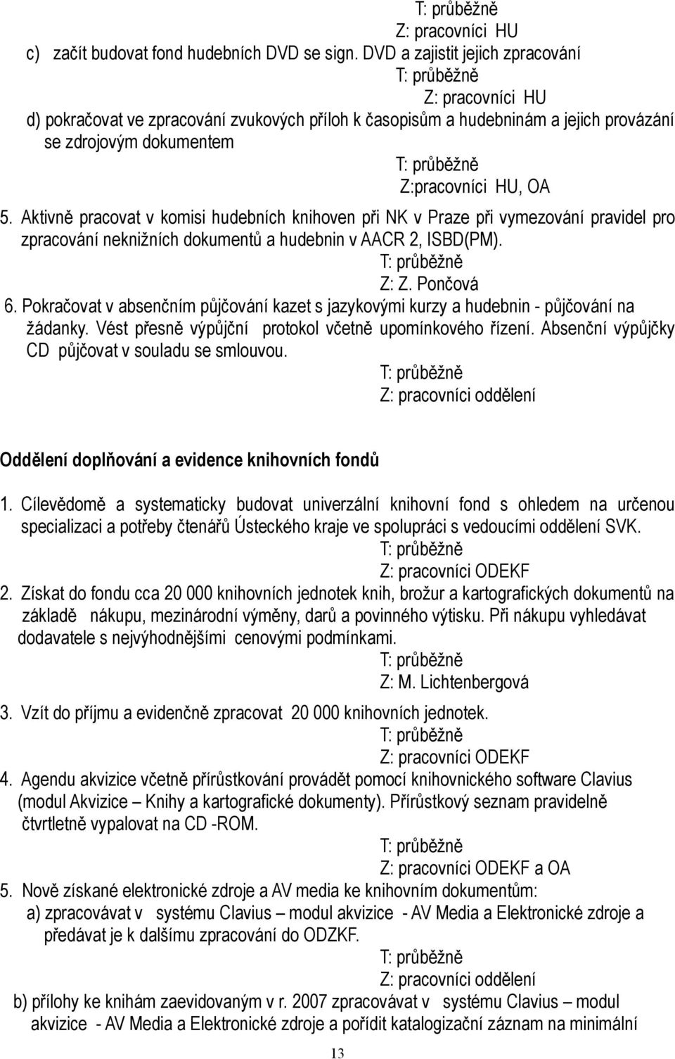 Aktivně pracovat v komisi hudebních knihoven při NK v Praze při vymezování pravidel pro zpracování neknižních dokumentů a hudebnin v AACR 2, ISBD(PM). Z: Z. Pončová 6.