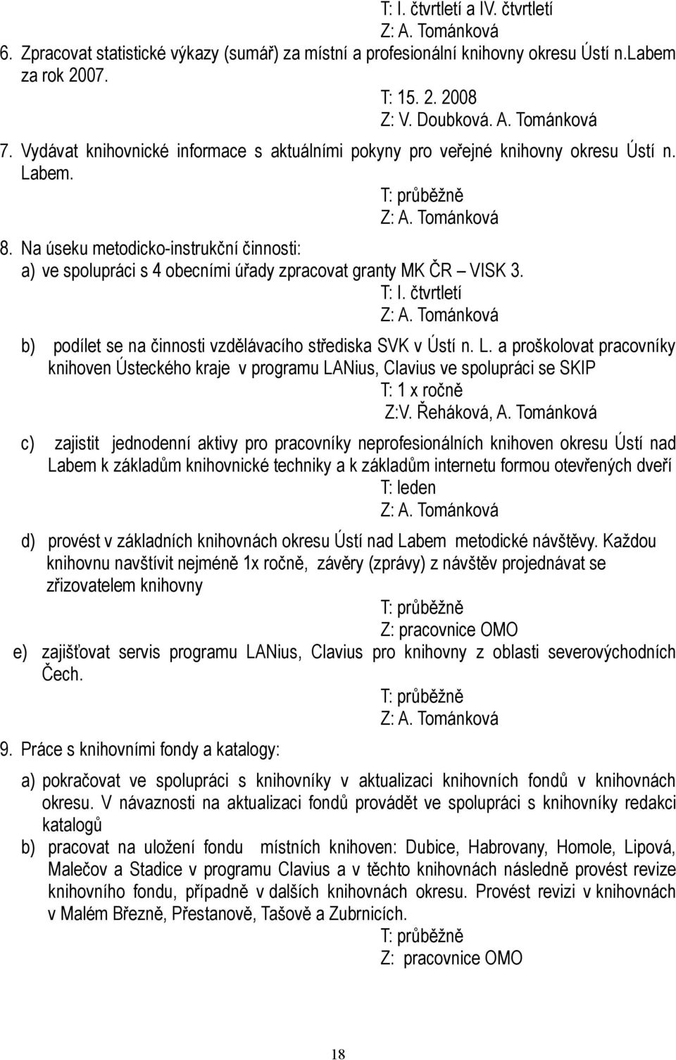 Na úseku metodicko-instrukční činnosti: a) ve spolupráci s 4 obecními úřady zpracovat granty MK ČR VISK 3. T: I. čtvrtletí Z: A.