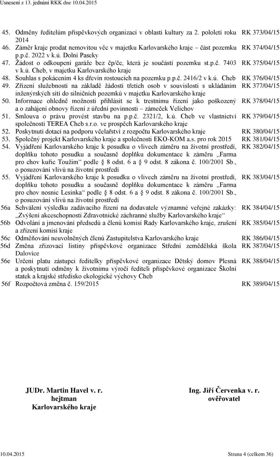 Souhlas s pokácením 4 ks dřevin rostoucích na pozemku p.p.č. 2416/2 v k.ú. Cheb RK 376/04/15 49.