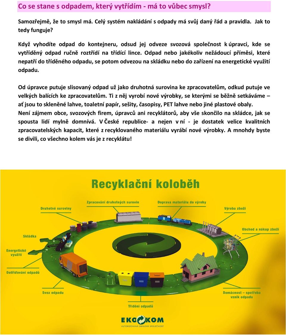 Odpad nebo jakékoliv nežádoucí příměsi, které nepatří do tříděného odpadu, se potom odvezou na skládku nebo do zařízení na energetické využití odpadu.