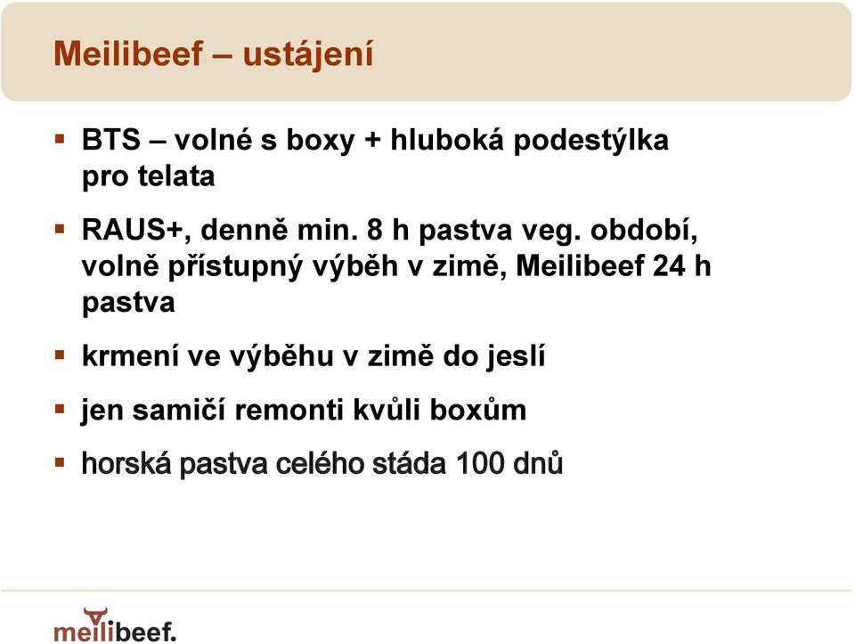 období, volně přístupný výběh v zimě, Meilibeef 24 h pastva