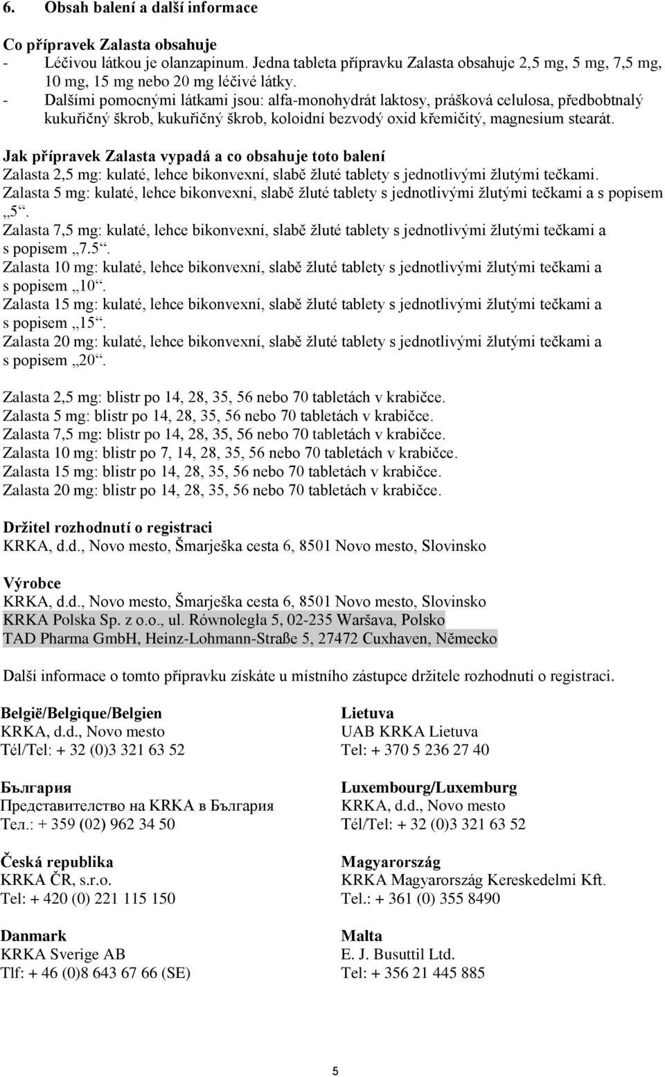 Jak přípravek Zalasta vypadá a co obsahuje toto balení Zalasta 2,5 mg: kulaté, lehce bikonvexní, slabě žluté tablety s jednotlivými žlutými tečkami.