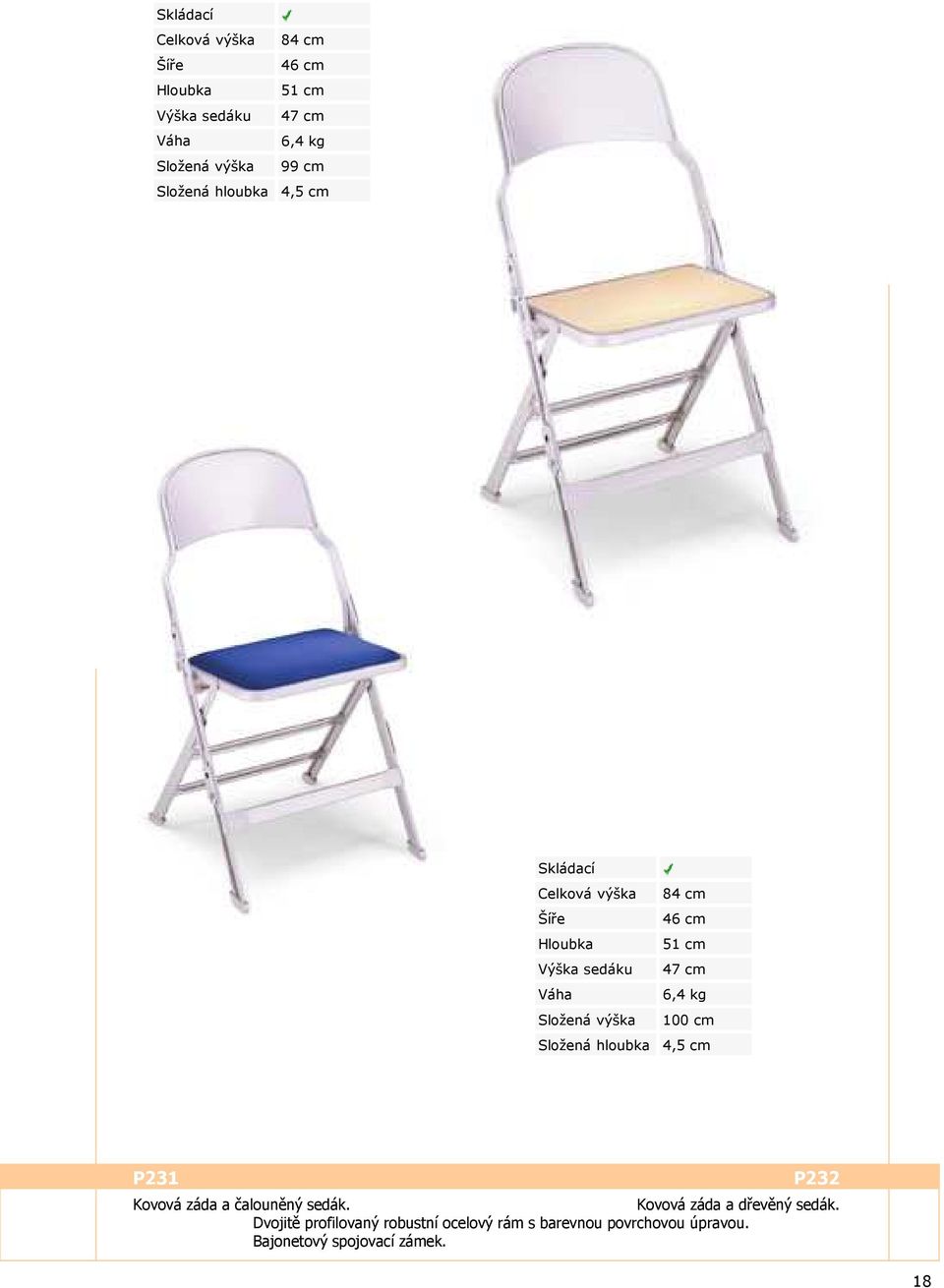 Složená výška 100 cm Složená hloubka 4,5 cm P231 P232 Kovová záda a čalouněný sedák.