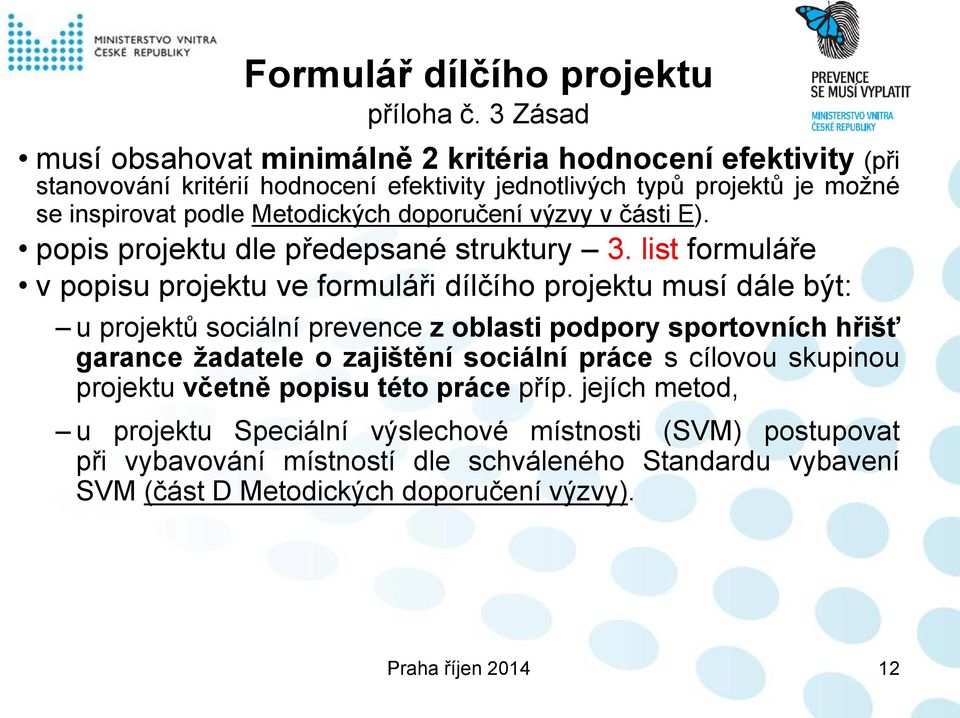doporučení výzvy v části E). popis projektu dle předepsané struktury 3.