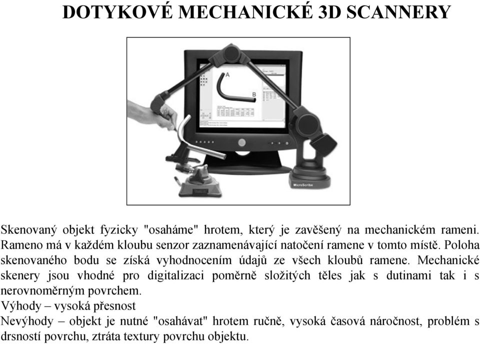 Poloha skenovaného bodu se získá vyhodnocením údajů ze všech kloubů ramene.