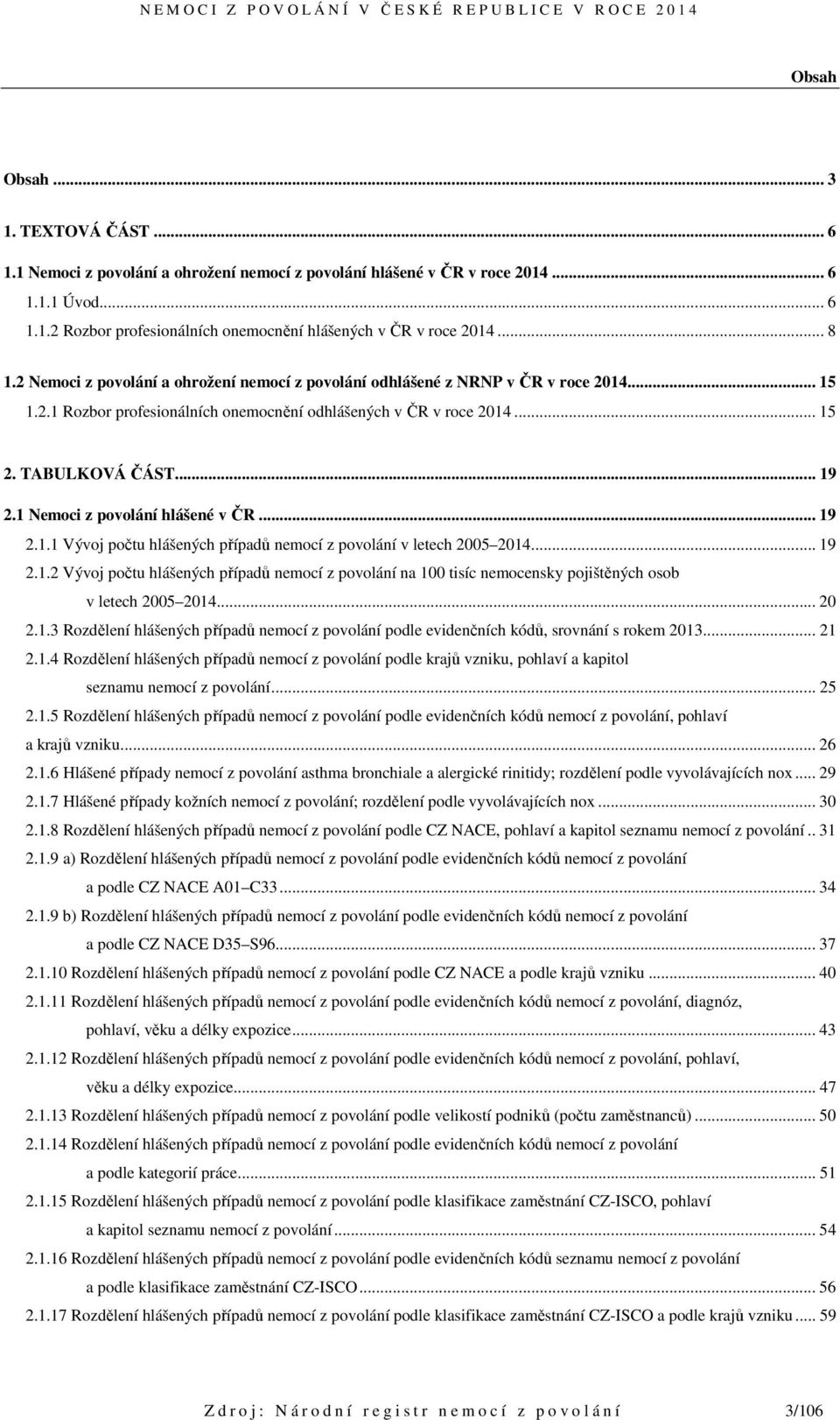 1 Nemoci z povolání hlášené v ČR... 19 2.1.1 Vývoj počtu hlášených případů nemocí z povolání v letech 2005 2014... 19 2.1.2 Vývoj počtu hlášených případů nemocí z povolání na 100 tisíc nemocensky pojištěných osob v letech 2005 2014.