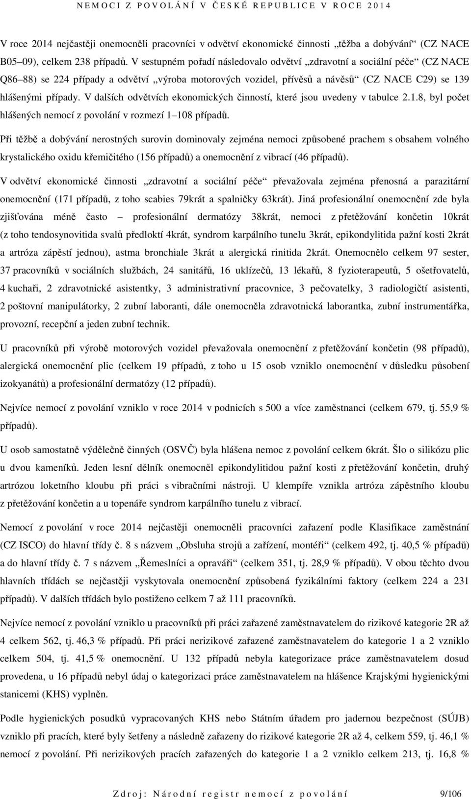 V dalších odvětvích ekonomických činností, které jsou uvedeny v tabulce 2.1.8, byl počet hlášených nemocí z povolání v rozmezí 1 108 případů.