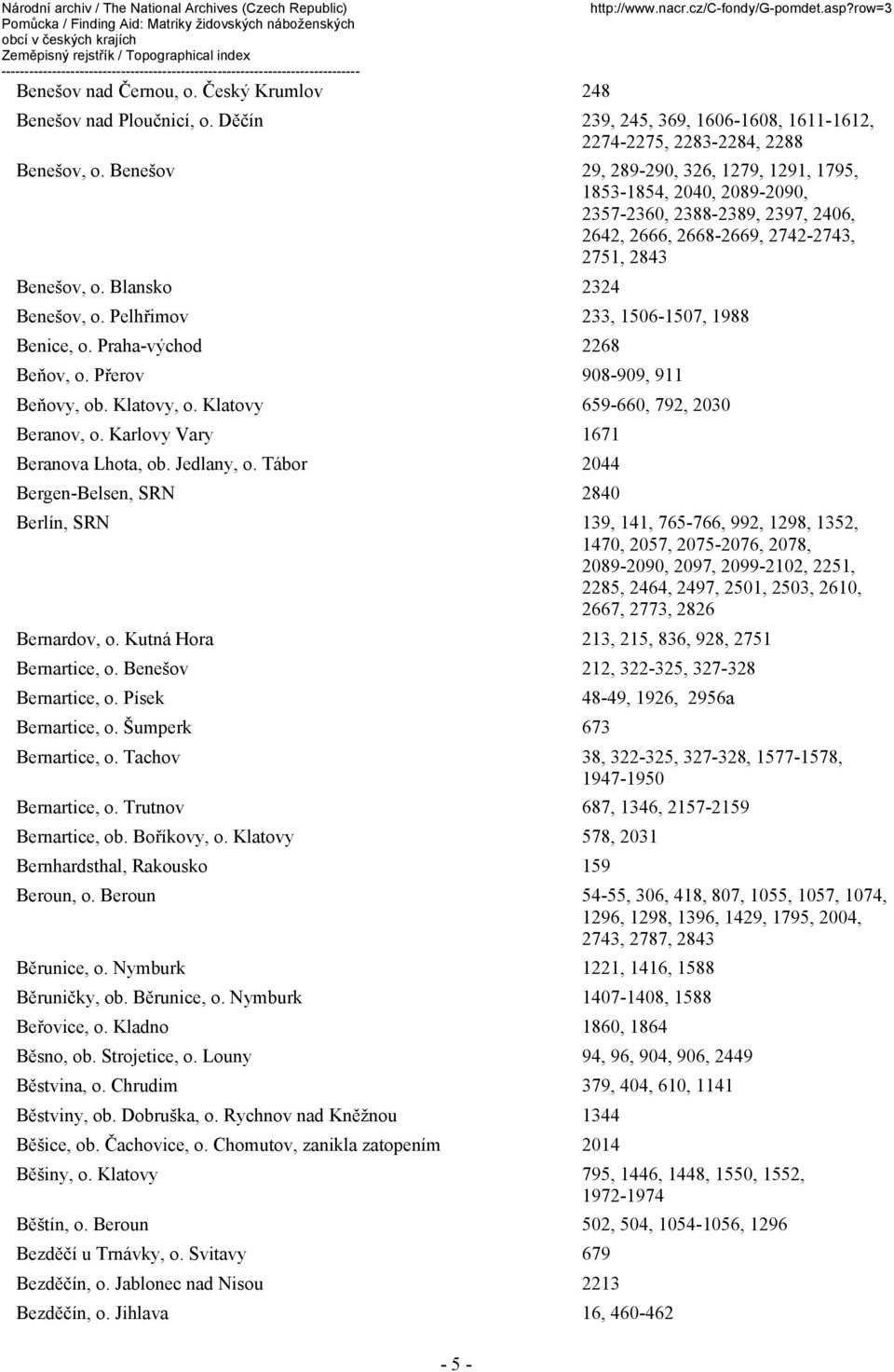 Pelhřimov 233, 1506-1507, 1988 Benice, o. Praha-východ 2268 Beňov, o. Přerov 908-909, 911 Beňovy, ob. Klatovy, o. Klatovy 659-660, 792, 2030 Beranov, o. Karlovy Vary 1671 Beranova Lhota, ob.
