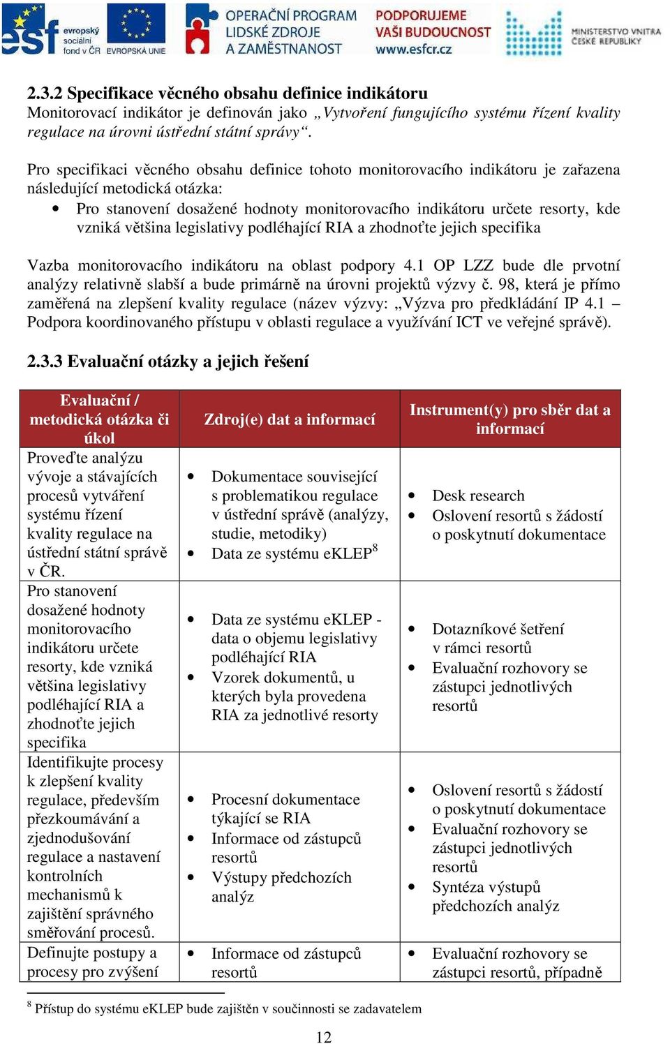 většina legislativy podléhající RIA a zhodnoťte jejich specifika Vazba monitorovacího indikátoru na oblast podpory 4.
