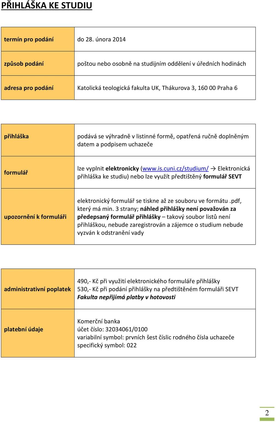 listinné formě, opatřená ručně doplněným datem a podpisem uchazeče formulář lze vyplnit elektronicky (www.is.cuni.