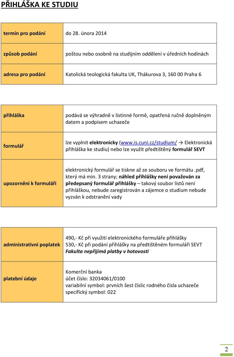 listinné formě, opatřená ručně doplněným datem a podpisem uchazeče formulář lze vyplnit elektronicky (www.is.cuni.