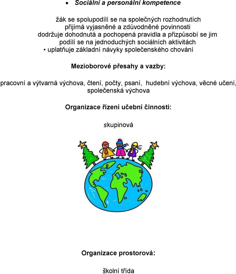 uplatňuje základní návyky společenského chování Mezioborové přesahy a vazby: pracovní a výtvarná výchova, čtení, počty,
