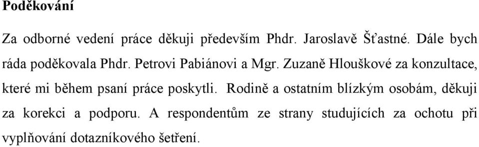 Zuzaně Hlouškové za konzultace, které mi během psaní práce poskytli.