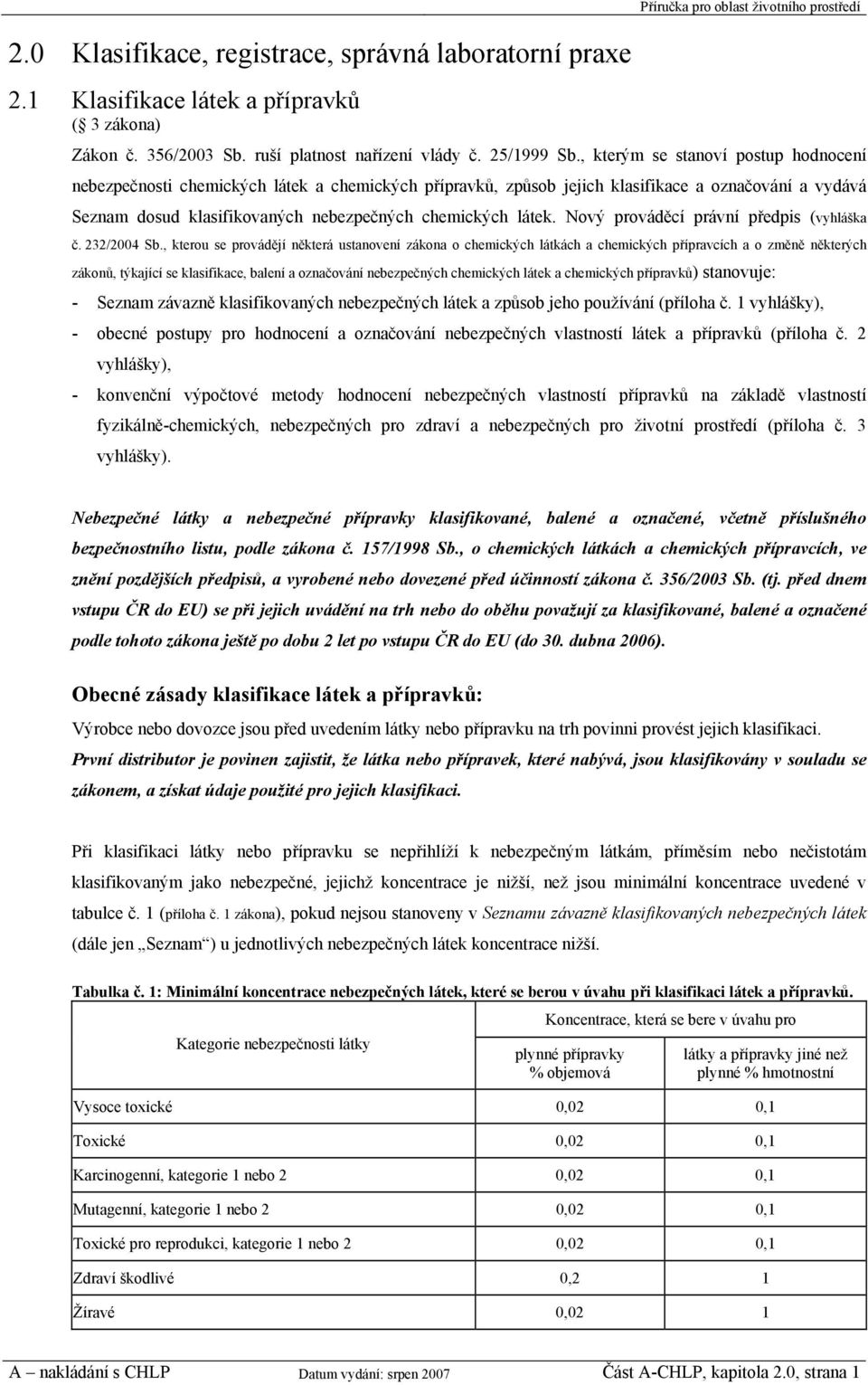 , kterým se stanoví postup hodnocení nebezpečnosti chemických látek a chemických přípravků, způsob jejich klasifikace a označování a vydává Seznam dosud klasifikovaných nebezpečných chemických látek.