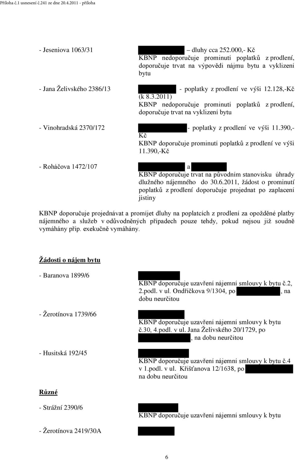 6/13 poplatky z prodlení ve výši 12.128,Kč (k 8.3.2011) KBNP nedoporučuje prominutí poplatků z prodlení, doporučuje trvat na vyklizení bytu Vinohradská 2370/172 poplatky z prodlení ve výši 11.