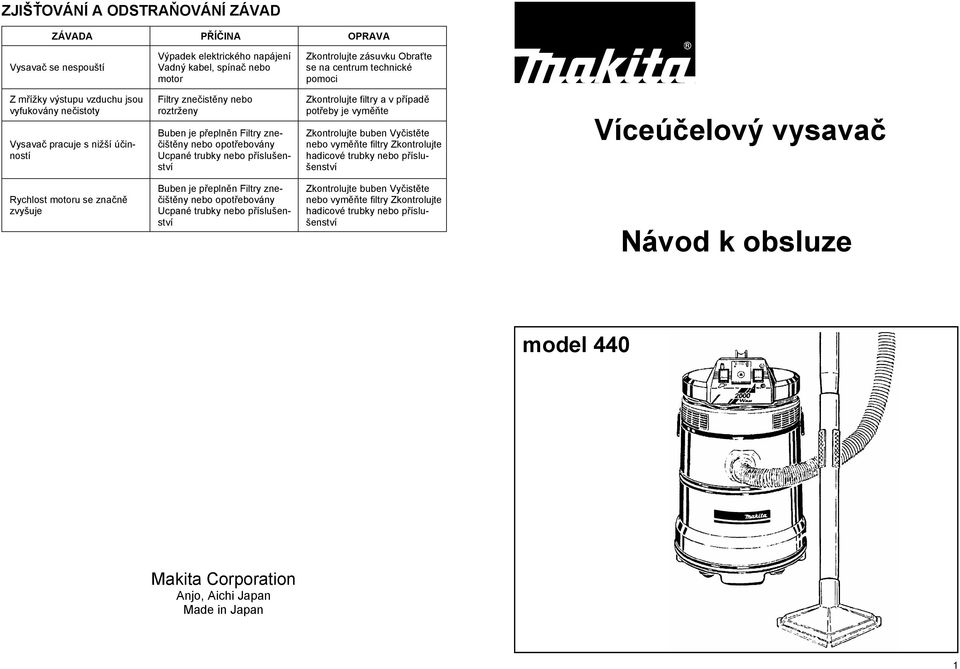 filtry a v pípad poteby je vymte Zkontrolujte buben Vyistte nebo vymte filtry Zkontrolujte hadicové trubky nebo píslušenství Víceúelový vysava Rychlost motoru se znan zvyšuje Buben je peplnn Filtry