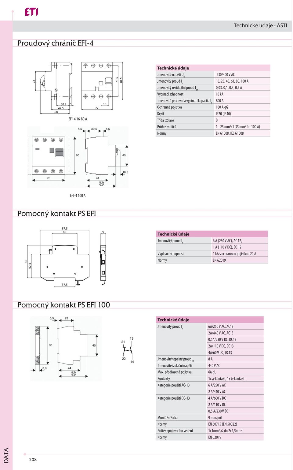 100 A gg Krytí IP0 (IP0) Třída izolace B Průřez vodičů 1 - mm (1- mm for 100 A) Normy EN 100, IEC 100 EFI- 100 A Pomocný kontakt PS EFI 7.