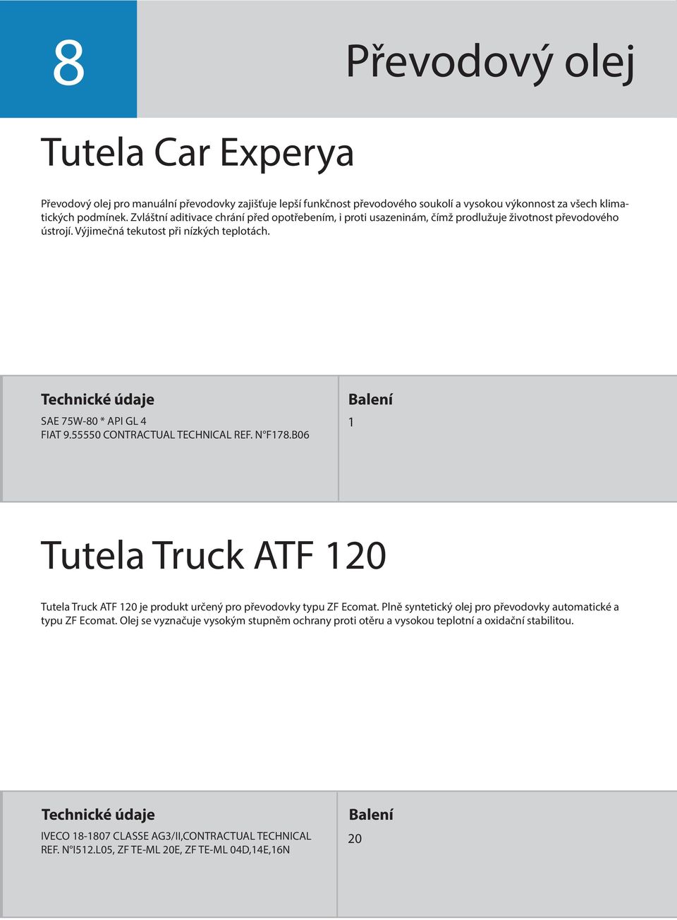 55550 CONTRACTUAL TECHNICAL REF. N F78.B06 Tutela Truck ATF 20 Tutela Truck ATF 20 je produkt určený pro převodovky typu ZF Ecomat.