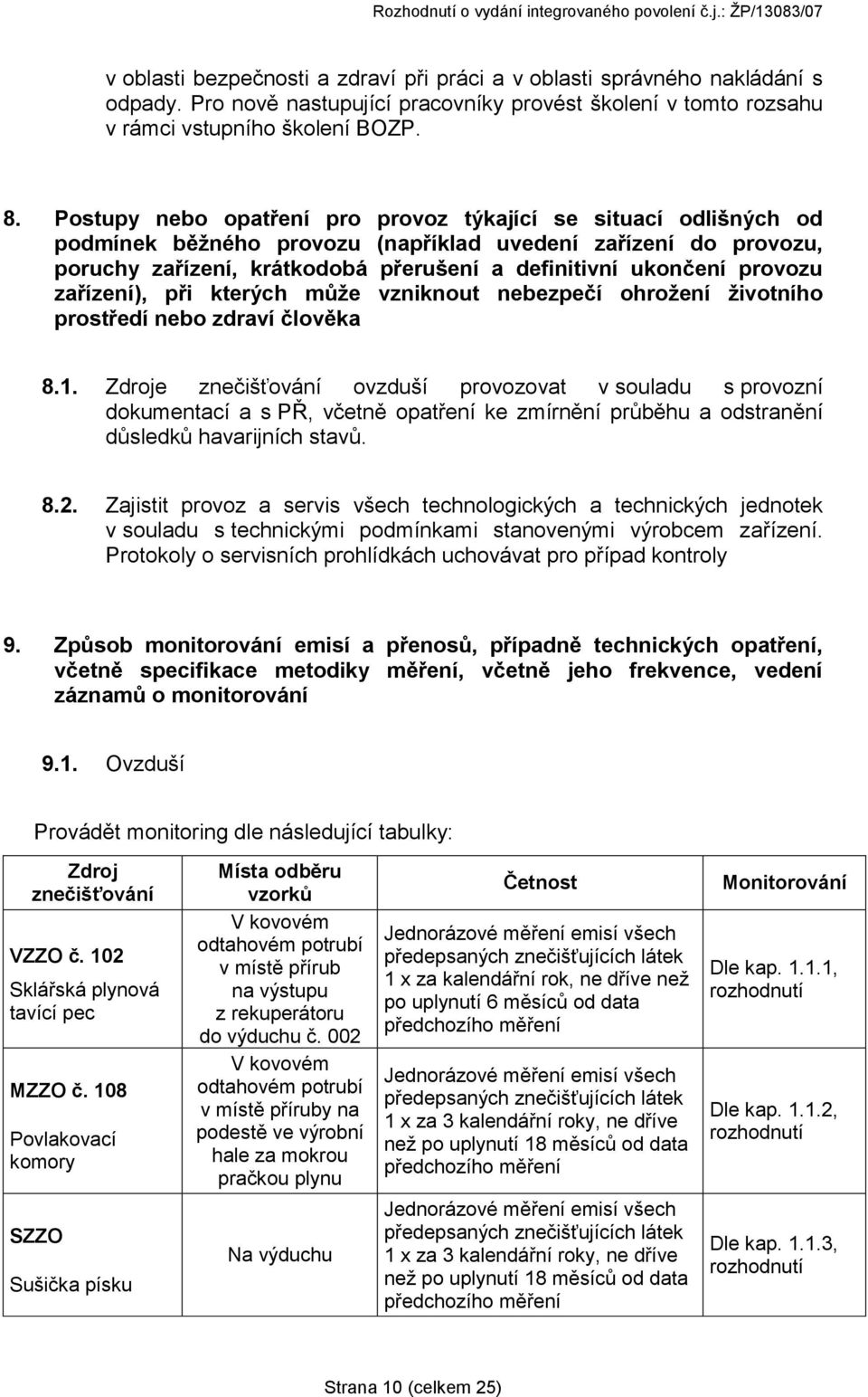 provozu zařízení), při kterých může vzniknout nebezpečí ohrožení životního prostředí nebo zdraví člověka 8.1.