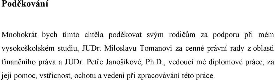 Miloslavu Tomanovi za cenné právní rady z oblasti finančního práva a JUDr.