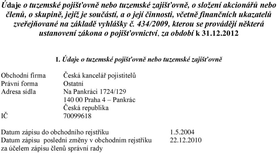 Údaje o tuzemské pojišťovně nebo tuzemské zajišťovně Obchodní firma Česká kancelář pojistitelů Právní forma Ostatní Adresa sídla Na Pankráci 1724/129 140 00