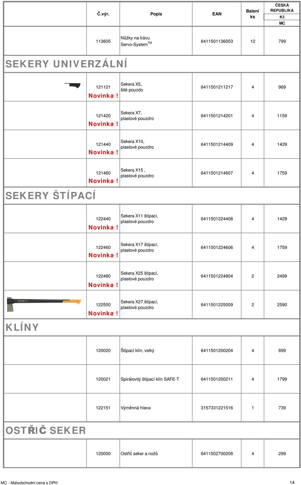 štípací, plastové pouzdro 6411501224606 4 1759 122480 Sekera X25 štípací, plastové pouzdro 6411501224804 2 2499 122500 Sekera X27 štípací, plastové pouzdro 6411501225009 2 2590 KLÍNY 120020 Štípací