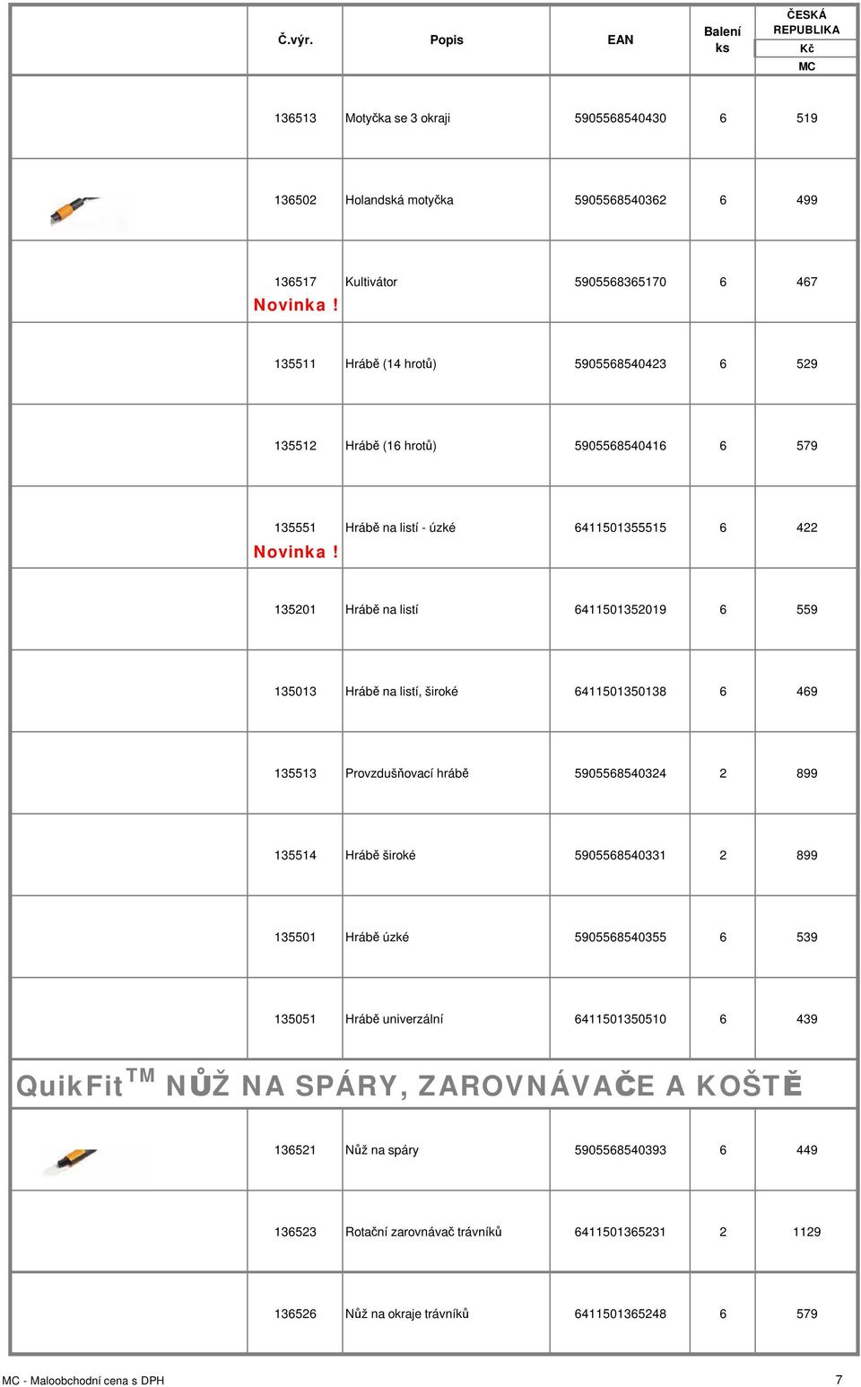 Provzdušňovací hrábě 5905568540324 2 899 135514 Hrábě široké 5905568540331 2 899 135501 Hrábě úzké 5905568540355 6 539 135051 Hrábě univerzální 6411501350510 6 439 QuikFit TM NŮŽ NA