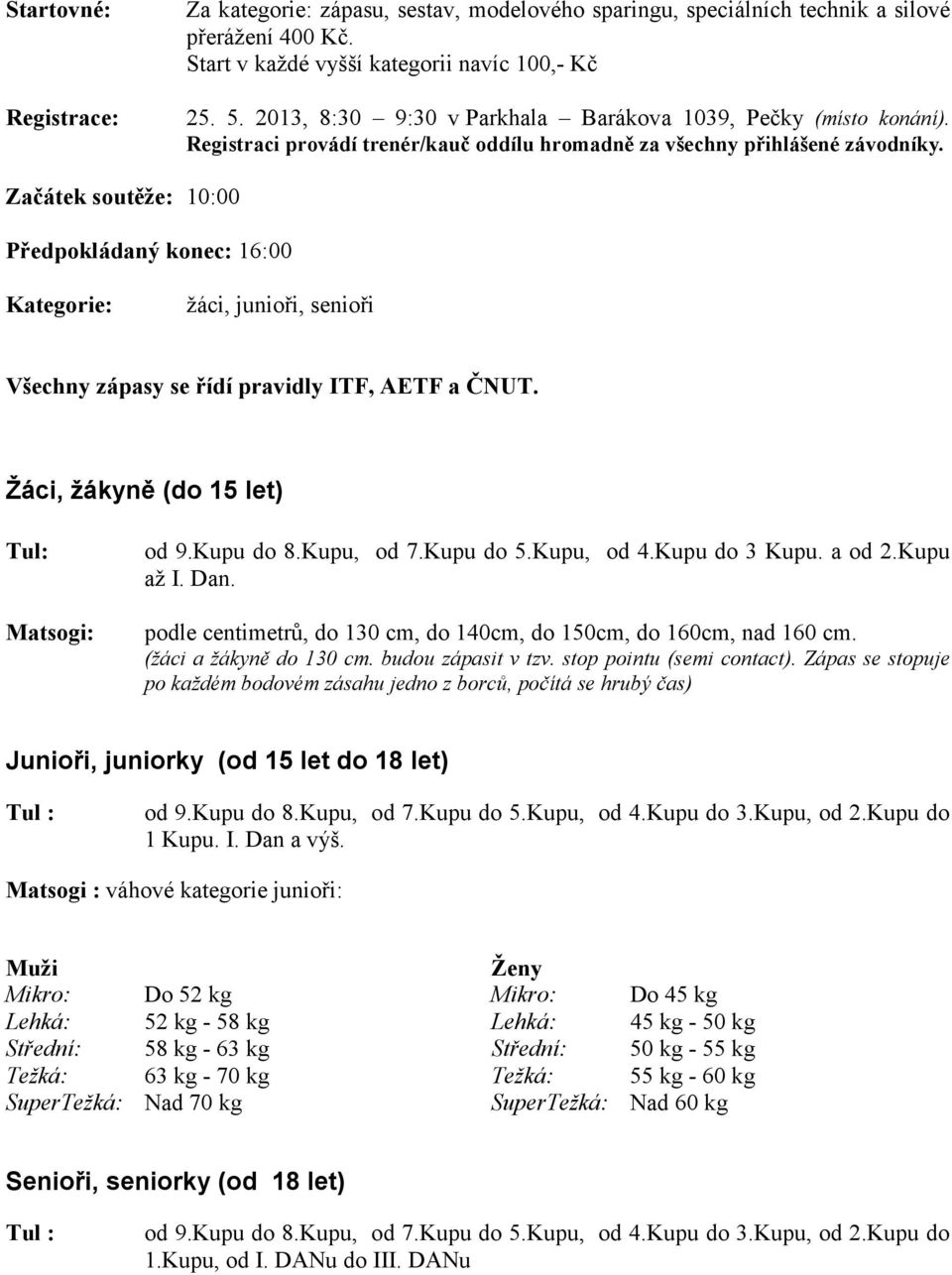 Začátek soutěže: 10:00 Předpokládaný konec: 16:00 Kategorie: žáci, junioři, senioři Všechny zápasy se řídí pravidly ITF, AETF a ČNUT. Žáci, žákyně (do 15 let) Tul: Matsogi: od 9.Kupu do 8.Kupu, od 7.