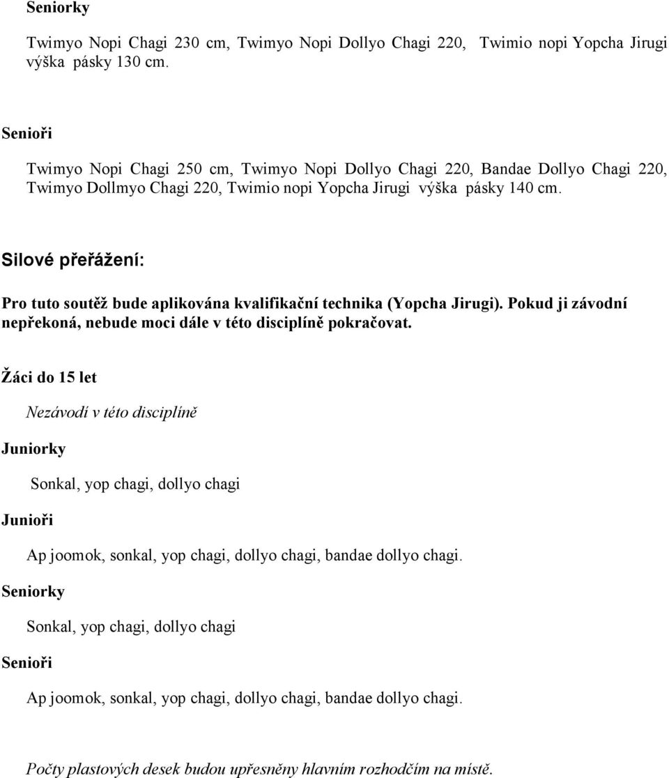 Silové přeřážení: Pro tuto soutěž bude aplikována kvalifikační technika (Yopcha Jirugi). Pokud ji závodní nepřekoná, nebude moci dále v této disciplíně pokračovat.