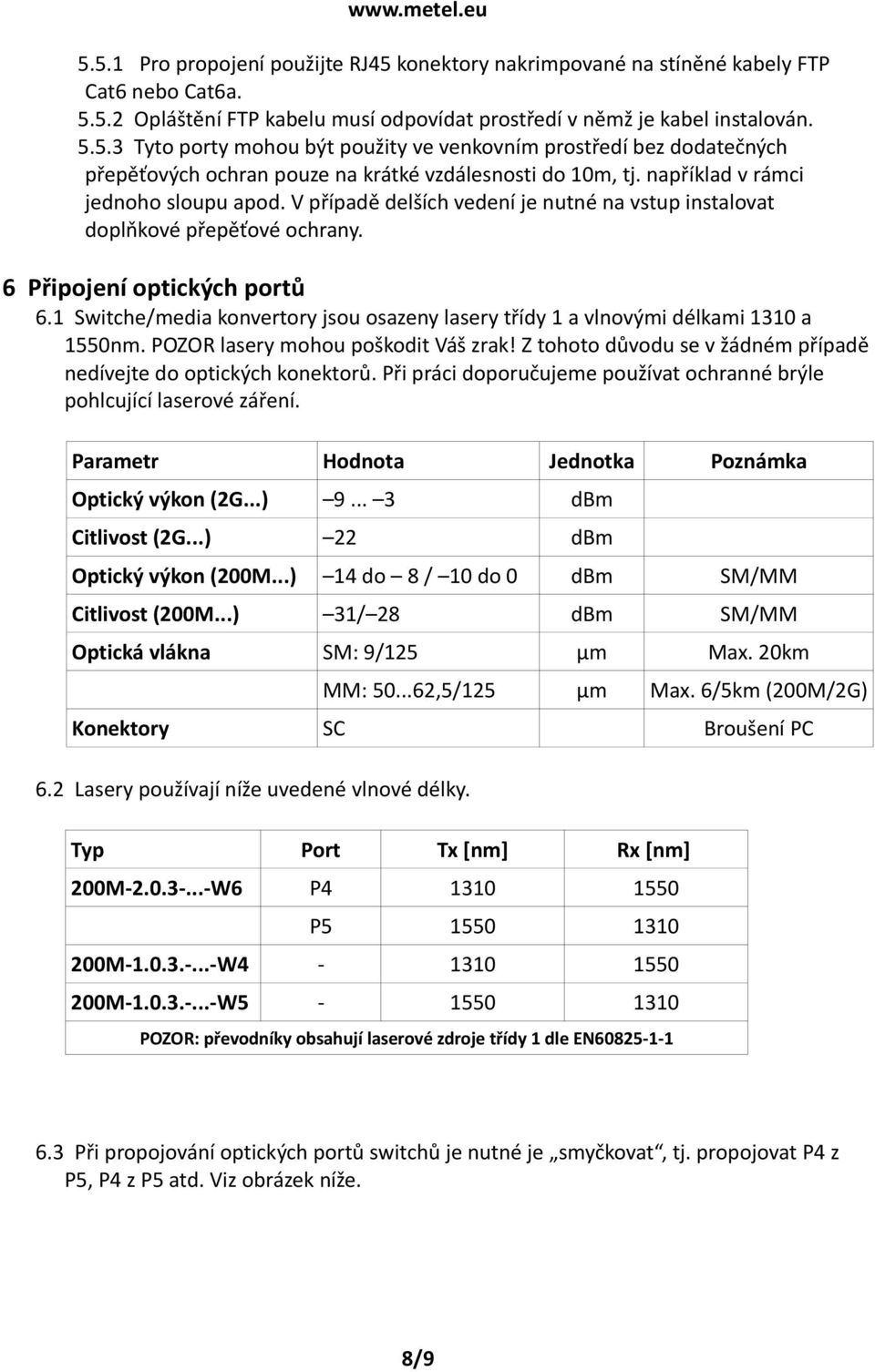 1 Switche/media konvertory jsou osazeny lasery třídy 1 a vlnovými délkami 1310 a 1550nm. POZOR lasery mohou poškodit Váš zrak! Z tohoto důvodu se v žádném případě nedívejte do optických konektorů.