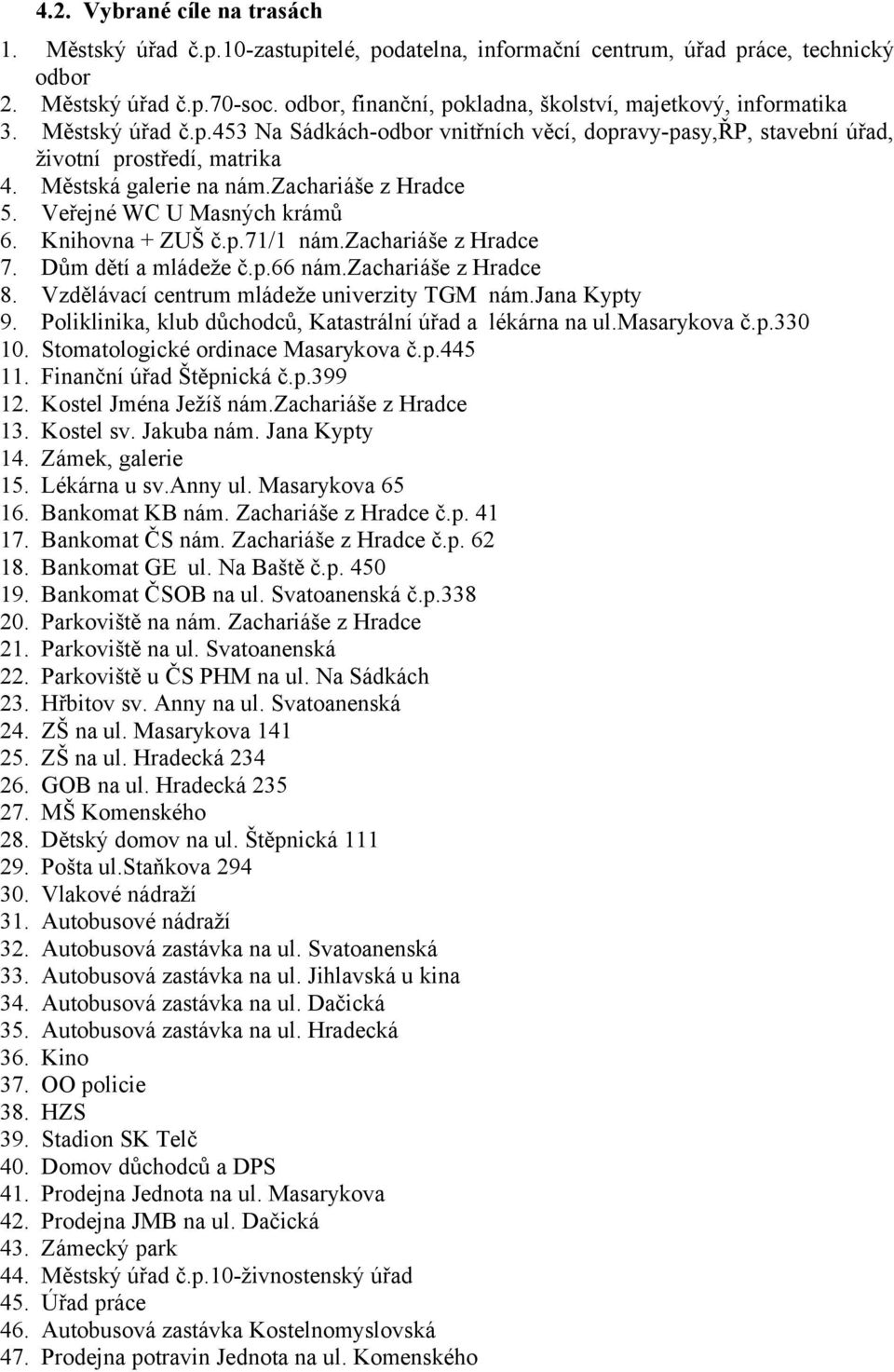 Městská galerie na nám.zachariáše z Hradce 5. Veřejné WC U Masných krámů 6. Knihovna + ZUŠ č.p.71/1 nám.zachariáše z Hradce 7. Dům dětí a mládeže č.p.66 nám.zachariáše z Hradce 8.