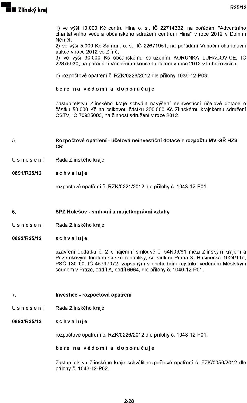 RZK/0228/2012 dle přílohy 1036-12-P03; bere na vědomí a doporučuje Zastupitelstvu Zlínského kraje schválit navýšení neinvestiční účelové dotace o částku 50.000 Kč na celkovou částku 200.