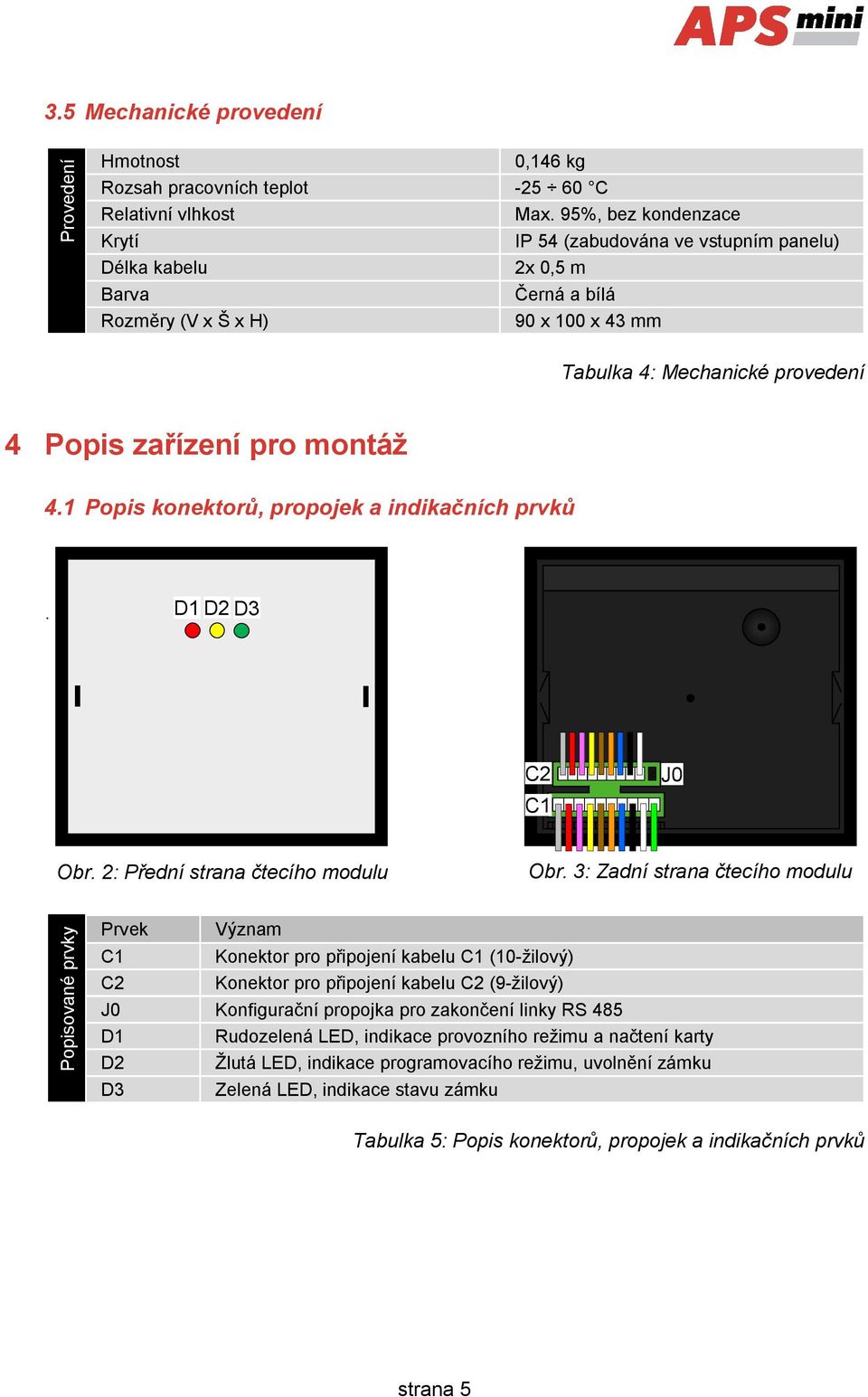 montáž 4.1 Popis konektorů, propojek a indikačních prvků D1 D2 D3 C2 C1 J0 Obr. 2: Přední strana čtecího modulu Obr.