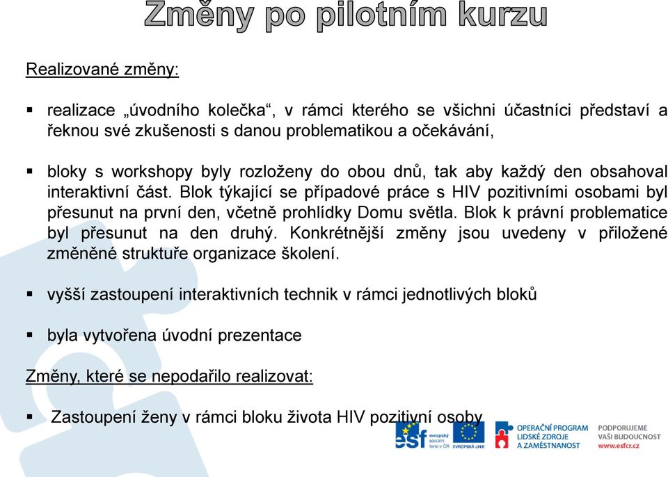 Blok týkající se případové práce s HIV pozitivními osobami byl přesunut na první den, včetně prohlídky Domu světla. Blok k právní problematice byl přesunut na den druhý.