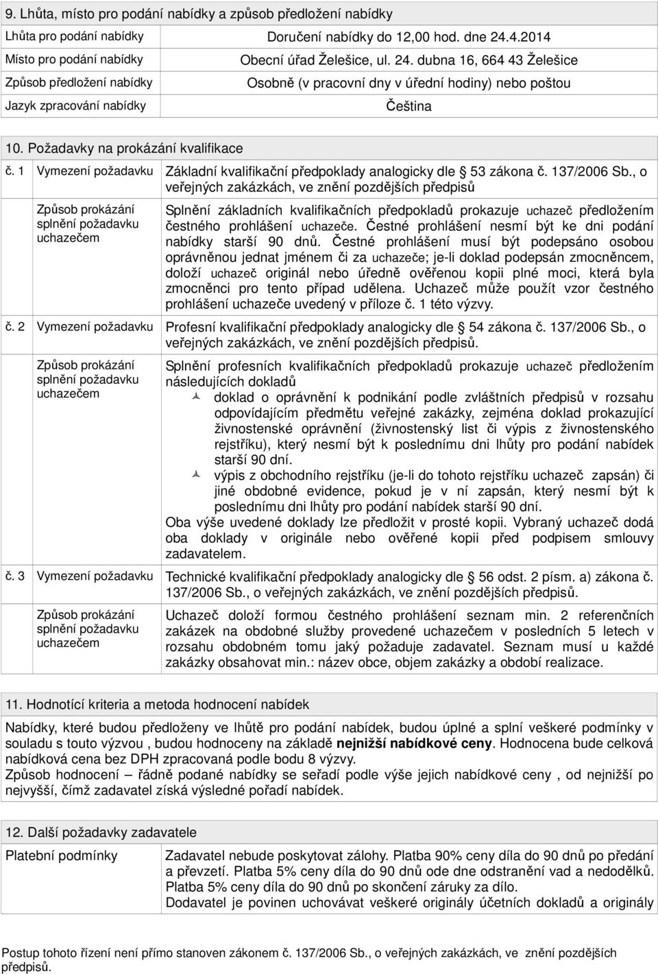 dubna 16, 664 43 Želešice Způsob předložení nabídky Osobně (v pracovní dny v úřední hodiny) nebo poštou Jazyk zpracování nabídky Čeština 10. Požadavky na prokázání kvalifikace č.