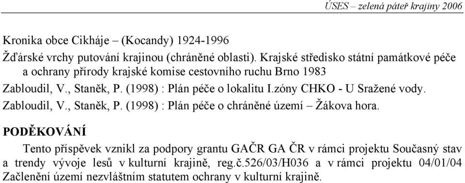 (1998) : Plán péče o lokalitu I.zóny CHKO - U Sražené vody. Zabloudil, V., Staněk, P. (1998) : Plán péče o chráněné území Žákova hora.
