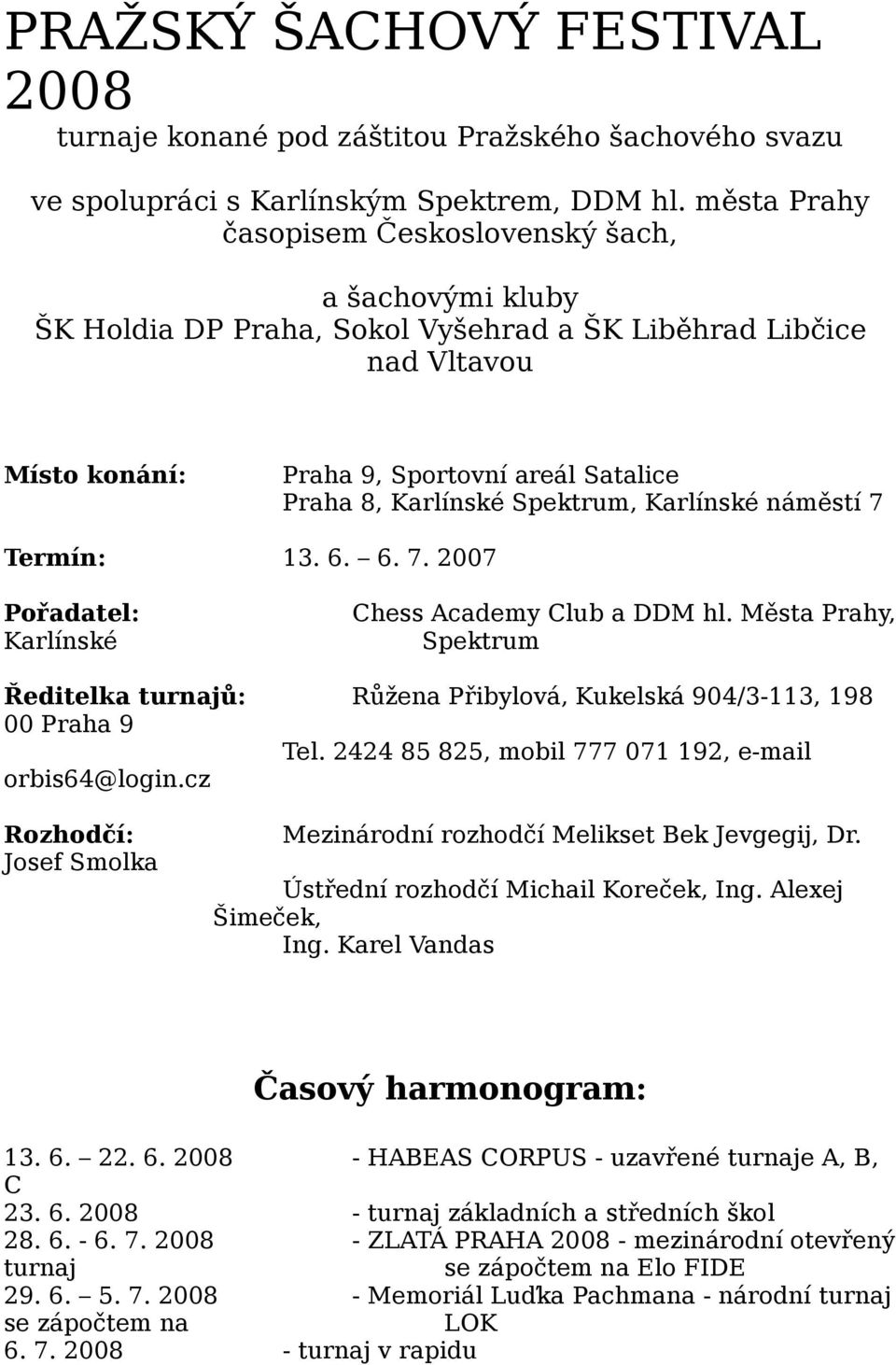 Spektrum, Karlínské náměstí 7 Termín: 13. 6. 6. 7. 2007 Pořadatel: Karlínské Chess Academy Club a DDM hl.