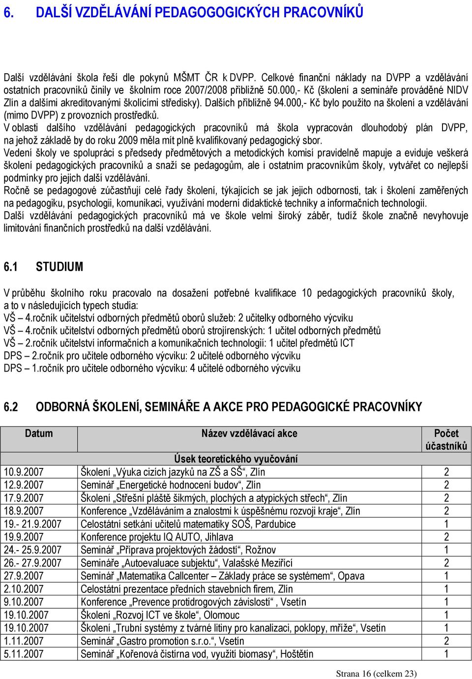 000,- Kč (školení a semináře prováděné NIDV Zlín a dalšími akreditovanými školícími středisky). Dalších přibližně 94.000,- Kč bylo použito na školení a vzdělávání (mimo DVPP) z provozních prostředků.