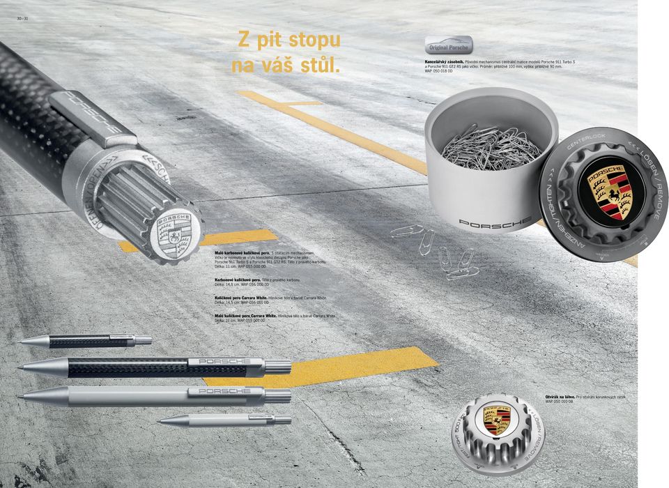 Víčko je vyvinuto ve stylu klasického designu Porsche jako Porsche 911 Turbo S a Porsche 911 GT2 RS. Tělo z pravého karbonu. Délka: 11 cm. WAP 055 000 0D Karbonové kuličkové pero.