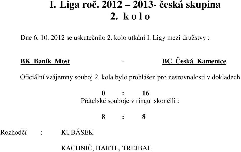 Ligy mezi družstvy : BK Baník Most - BC Česká Kamenice Oficiální vzájemný souboj