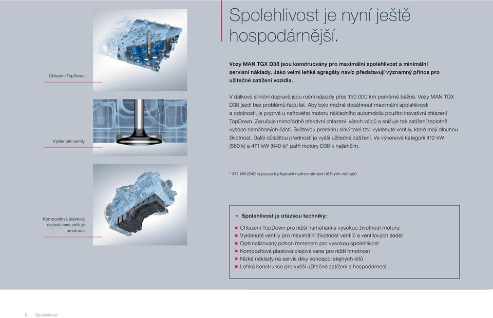 Vozy MAN TGX D38 jezdí bez problémů řadu let. Aby bylo možné dosáhnout maximální spolehlivosti a odolnosti, je poprvé u naftového motoru nákladního automobilu použito inovativní chlazení TopDown.