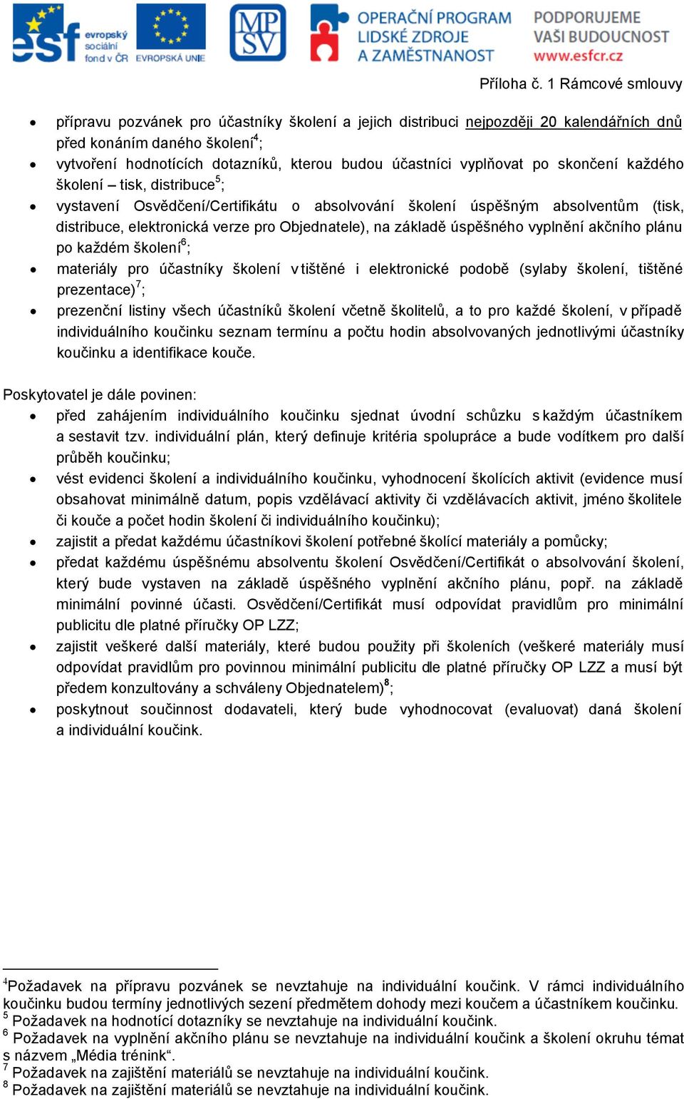 vyplnění akčního plánu po každém školení 6 ; materiály pro účastníky školení v tištěné i elektronické podobě (sylaby školení, tištěné prezentace) 7 ; prezenční listiny všech účastníků školení včetně