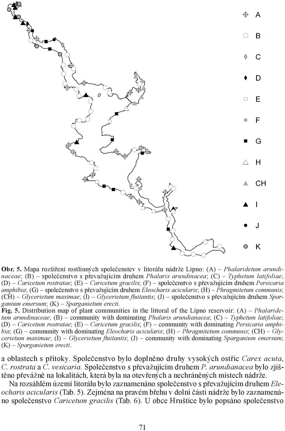 rostratae; (E) Caricetum gracilis; (F) společenstvo s převažujícím druhem Persicaria amphibia; (G) společenstvo s převažujícím druhem Eleocharis acicularis; (H) Phragmitetum communis; (CH)