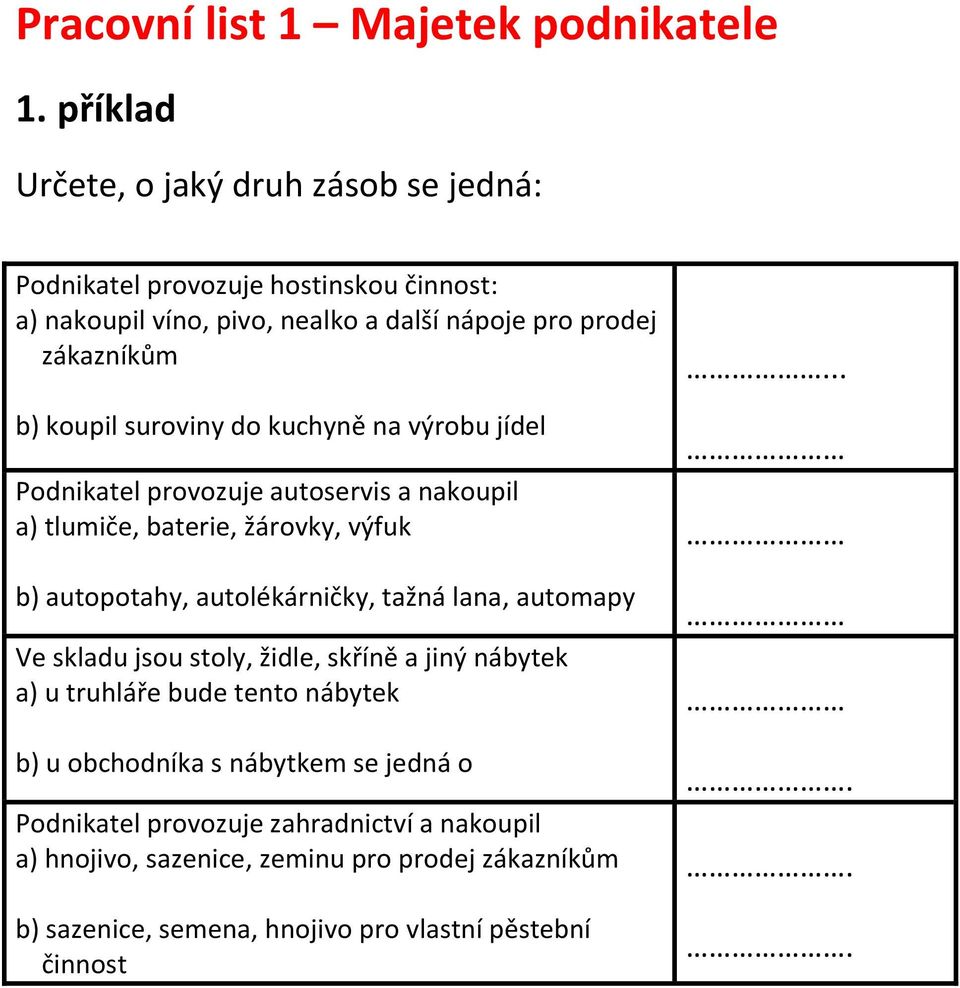 koupil suroviny do kuchyně na výrobu jídel Podnikatel provozuje autoservis a nakoupil a) tlumiče, baterie, žárovky, výfuk b) autopotahy, autolékárničky, tažná