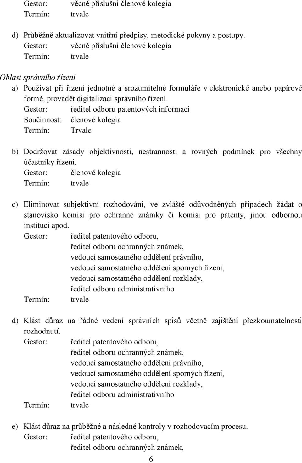 Gestor: ředitel odboru patentových informací Termín: Trvale b) Dodržovat zásady objektivnosti, nestrannosti a rovných podmínek pro všechny účastníky řízení.